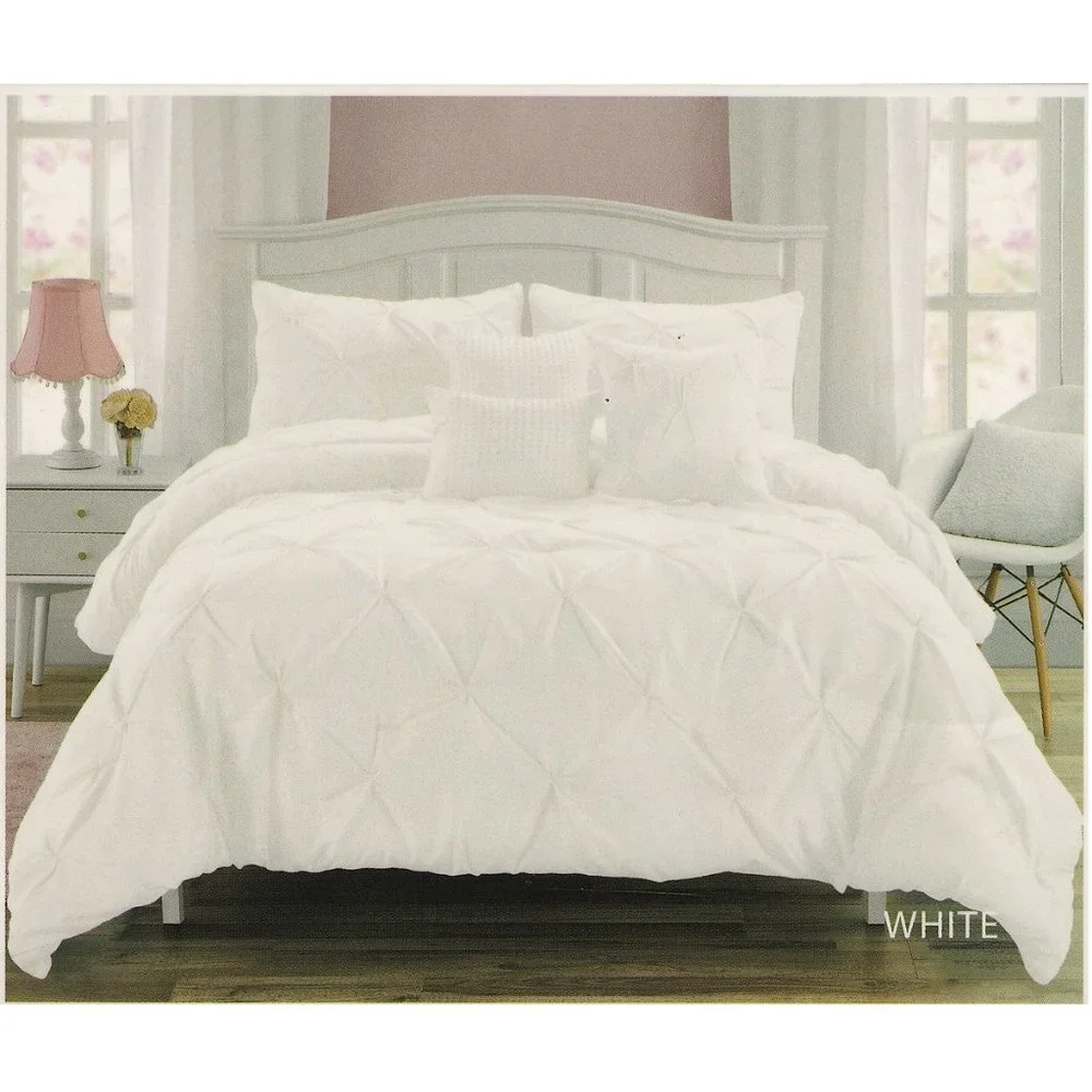 6 Piece White Comforter Set - Queen & King Size - Pintuck Comforter Set